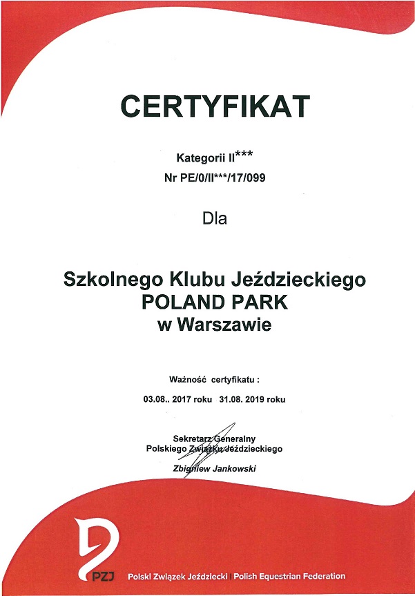 Certyfikat PZJ dla SKJ Poland Park na lata 2017 -2019